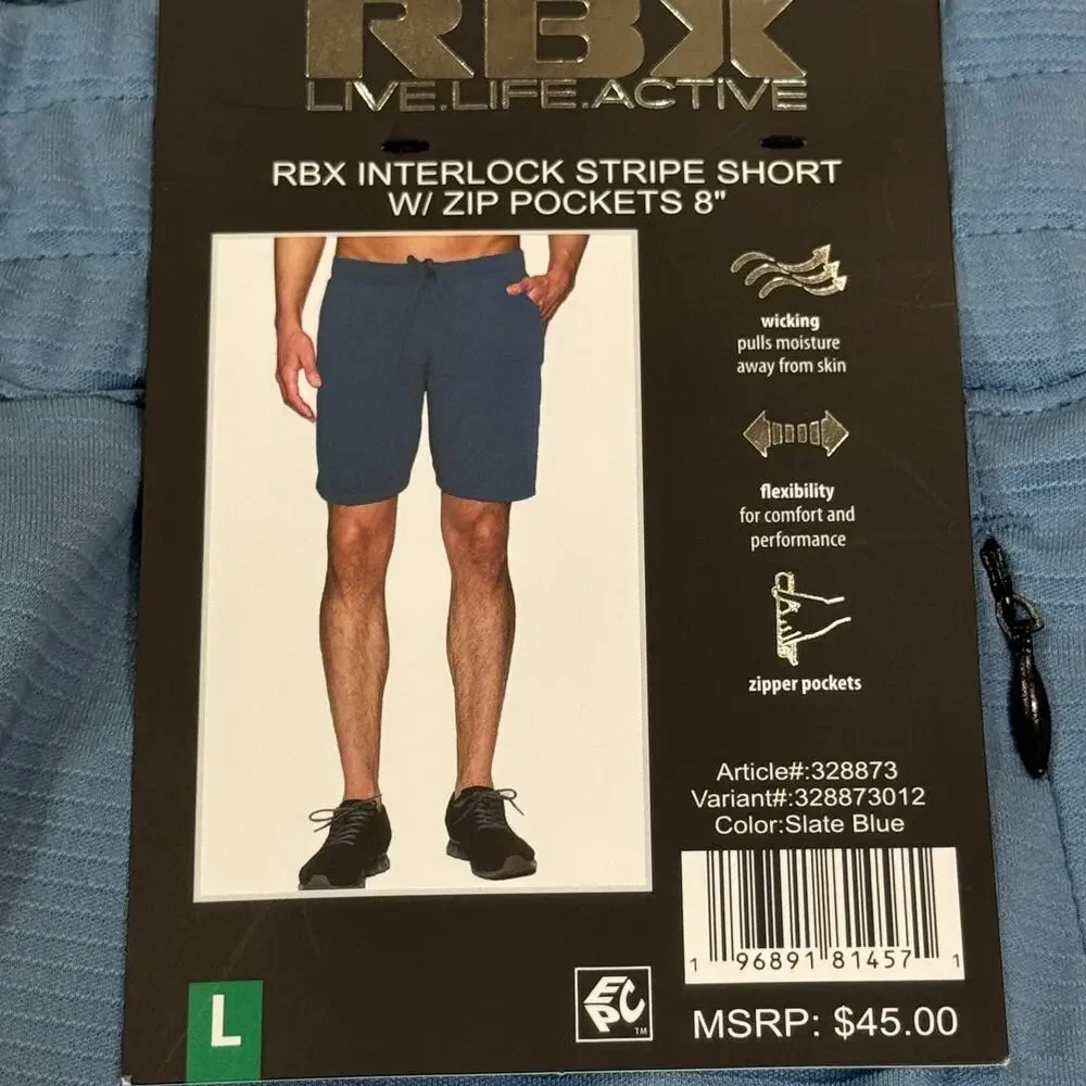 RBX Men's Athletic Shorts Large L Slate Blue Interlock Stripe Zip Pockets 8